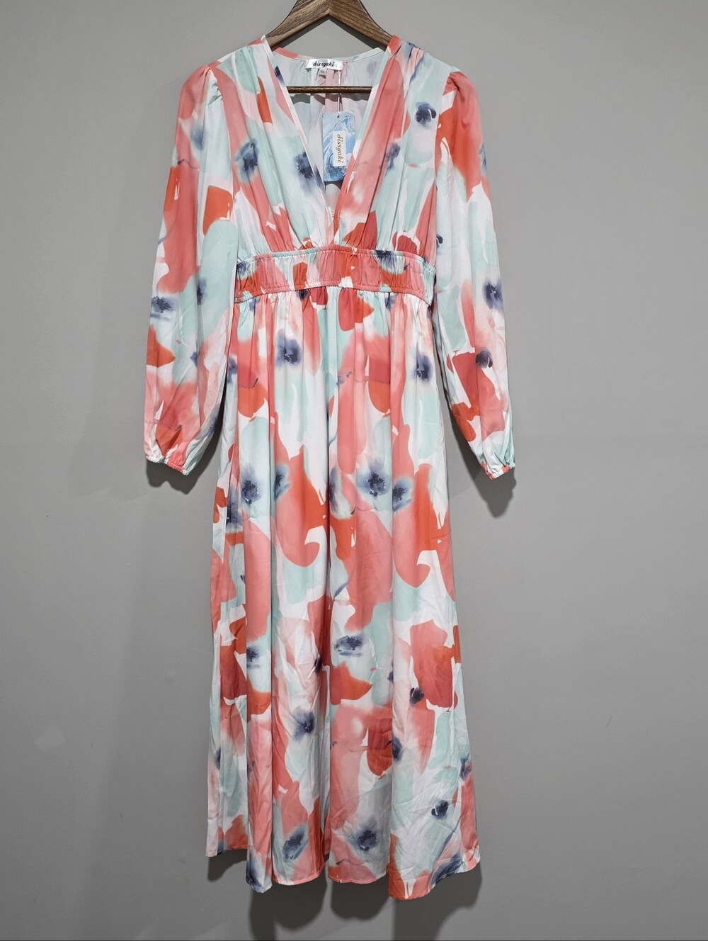NWT Sissyaki Floral Coral and Mint Maxi Dress V-Neck Long Sleeve Sz M Puff